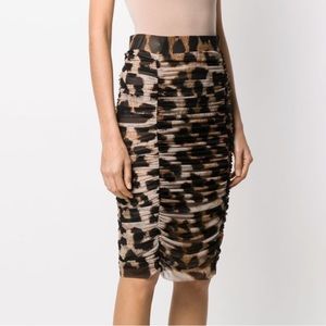 GANNI Women's Brown Ruched Leopard-print Mesh Skirt 40